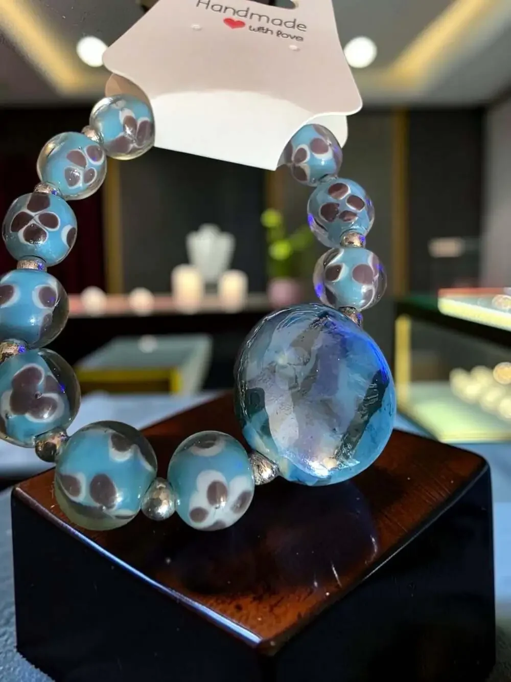 Handmade Lampwork Glass Bead Bracelet in Blue with Floral Details